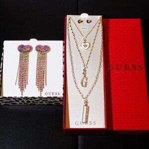 NIB Guess Crystal Dangle Heart Earrings & 3 Necklaces w/Stud Heart Earrings Set